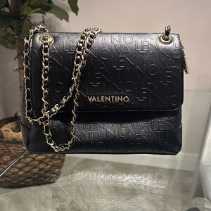 Valentino Embossed Black Crossbody Bag with Gold Chain